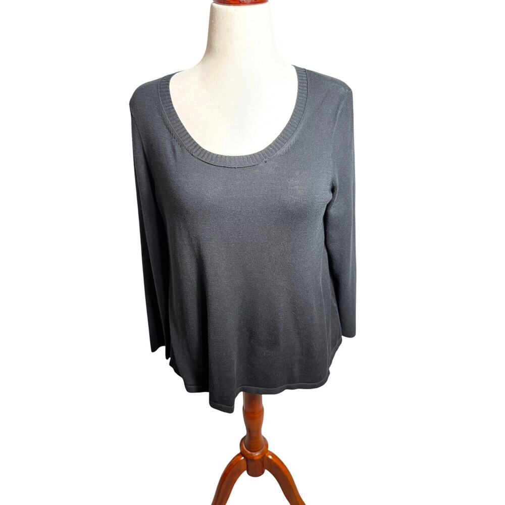 Eileen Fisher silk blend scoop neck black long sleeve sweater back pleat Sz Med